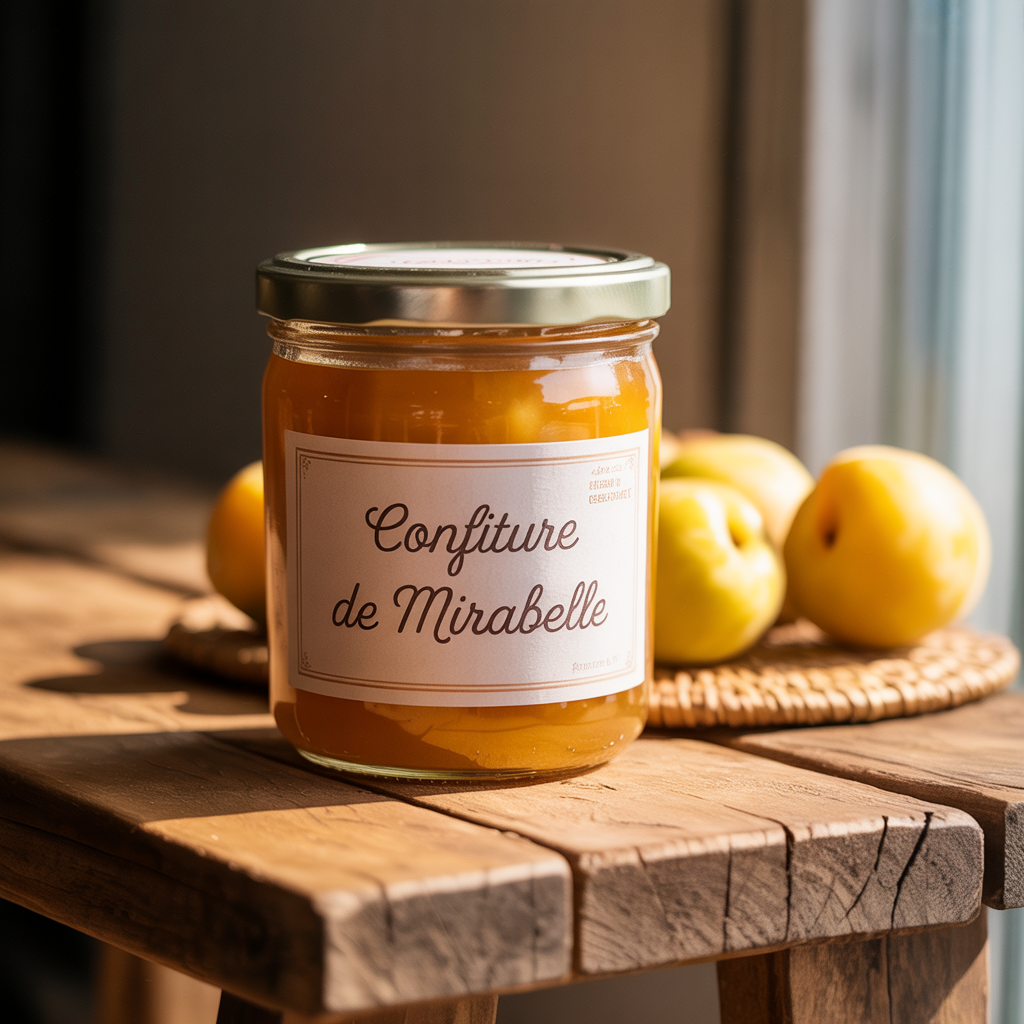 Pot de confiture de mirabelle avec étiquette